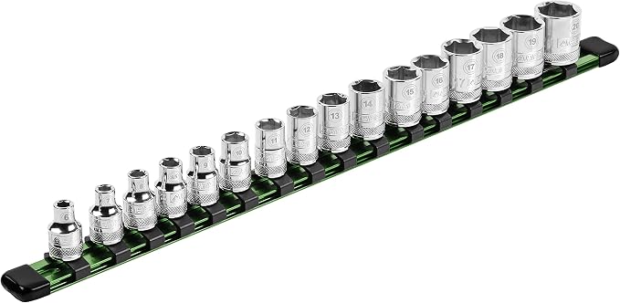 ARES 60047 3/8-In Green Socket Rail | Part No. 60047; Store up to 16 Sockets and Keep Your Tool Box Organized