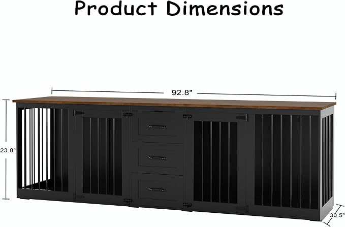 92.8" Furniture Style Dog Crate, Double Dog Crate Furniture | 3 Storage Drawers, Dog Kennel Indoor, for Med-Large Dogs, Farmhouse Dog Crate TV Stand with Divider, White Brown