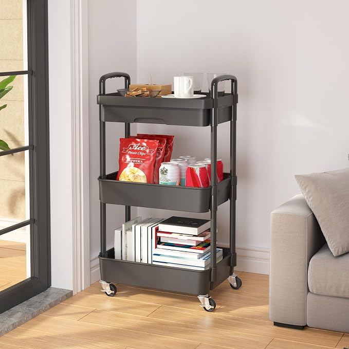 Calmootey 3-Tier Utility Cart with Drawer & Wheels, Storage for Home,Office | Space-Saving Organizer, Sturdy Plastic Shelves, Smooth-Rolling Metal Wheels, Built-in Drawer for Small Items, Black