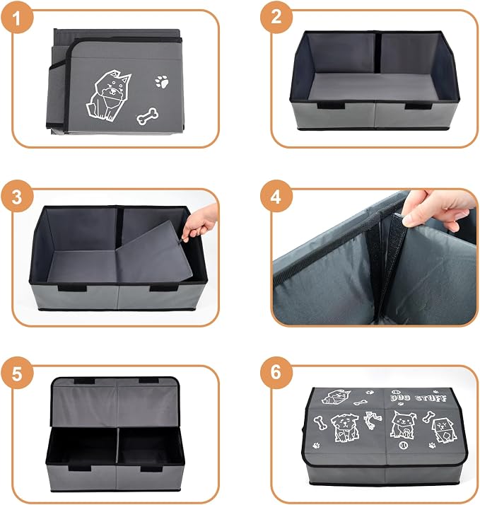 Dog Toy Box with Lid and Removable Divider, 19" Collapsible Toy basket and Handle，600D Fabric Cute Puppy Organizer for Pet Toys and Accessories - Grey - 2pcs