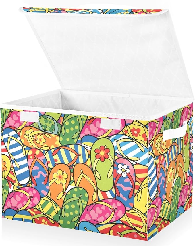 Storage Bins with Lid Flip Flop Foldable Storage Boxes 40L Baskets | Decorative Storage Boxes, Dust-Proof Flip Top, Reinforced Handles, For Home & Bedroom, Clothes & Toy Box, Oxford Fabric Print