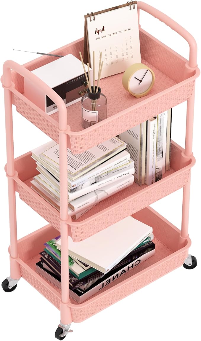 MOYIPIN 3-Tier Plastic Rolling Utility Cart with Handle,Utility,Pink | Utility Storage Cart for Office, Living Room, Kitchen,Movable Storage Organizer，Easy installation，Rattan-like art design
