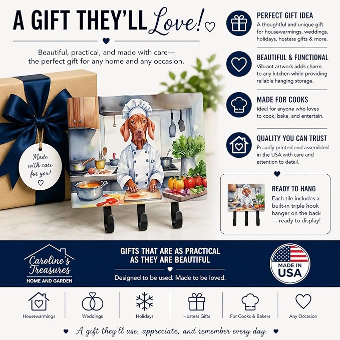 Caroline's Treasures Vizsla The Chef Leash or Key Holder Wall Hooks, Key Hooks Holder, Coat Rack Wall Mount, Coat Hooks, Hooks for Hanging Keys, Towels, Aprons, Leashes | Vizsla The Chef artwork on ceramic tile with three steel hooks for keys, leashes,...