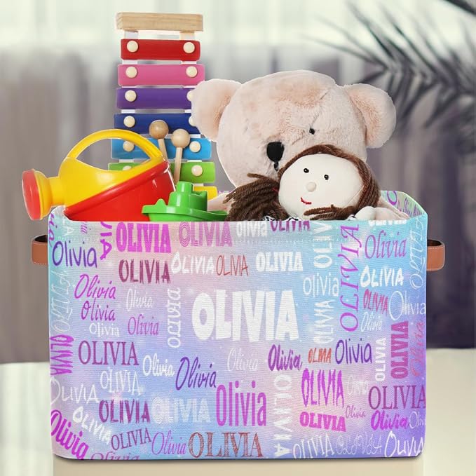 Personalized Name Storage Basket,Light Blue Purple Colorful Galaxy | Organizing Boys Girls Pets Toys Closet Shelf Clothes Books
