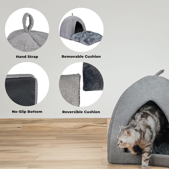 Best Pet Supplies Cat Bed for Indoor Cat, Domed Tent House with Removable Pillow, Covered Cat Cave for Small Dog, Puppies and All Breeds of Cats - Gray, 20 x 20 x H:22"