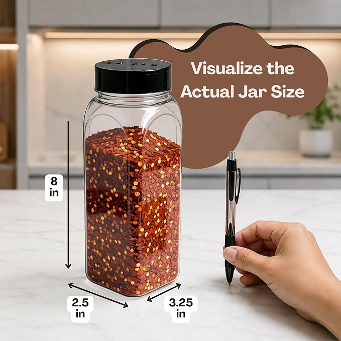Pride Of India 32 Fl Oz Clear Spice Jar with Dual Opening Lid | Food Grade PET Plastic Oblong Jar | Reusable Organizer for Spices, Herbs, Coffee, Nuts, Snacks & Pet Treats | | 3-4 Cup Capacity
