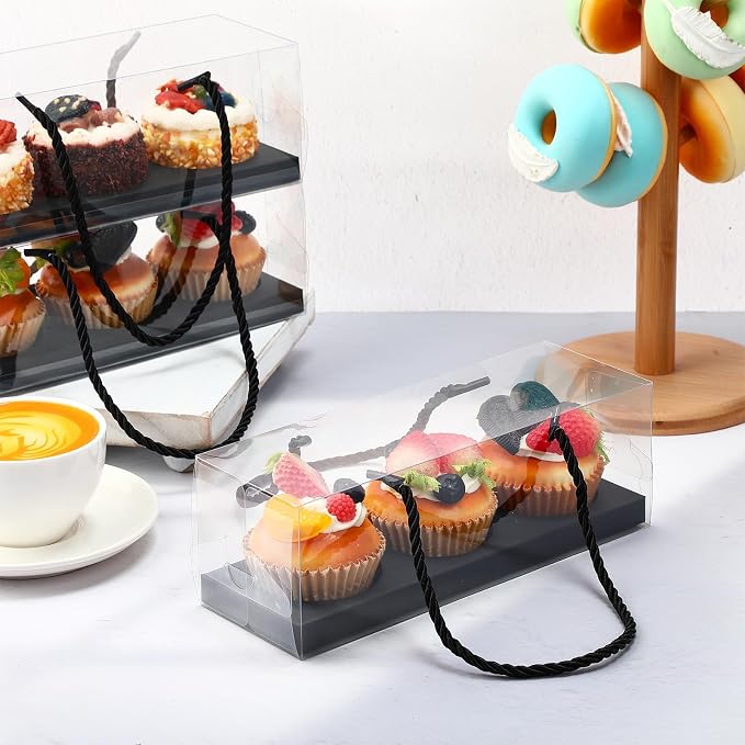 Thenshop 40 Pcs Clear Cupcake Boxes 9x3x3 in 3 Compartment Holder,Black | Transparent Holders with Handles, Individual Pastry Display for Wedding Graduation Party Favors Cookies Treats Gifts