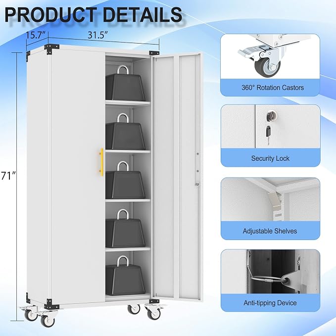 pozdeg 71" Tall Metal Rolling Garage Storage Cabinet with Lock & Wheels ﻿