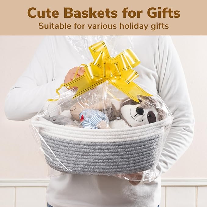 Goodpick Small Woven Rope Gift Basket Empty, 12"x 8"x 5" Boo Basket, Grey | Baby Basket for Baby Showers Toys, Fits Living Room Nursery Bedroom Organization, Dog Toy Storage, with Durable Handles