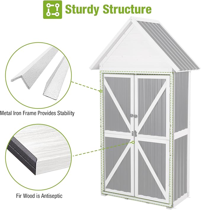 GUTINNEEN Outdoor Storage Shed with All Around Strong Metal Frame, Wooden Tool House with Floor & Adjustable Shelves, Garden Tool Sheds Cabinet for Backyard Garden Patio Lawn 67.1" H (Black＆White)