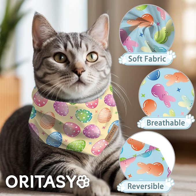 Easter Dog Bandanas, 2-Pack Triangle Reversible Bunny Eggs Pet Scarves, Premium Fabric, Bandana for All Boys Girls Dogs (Candy, One Size)