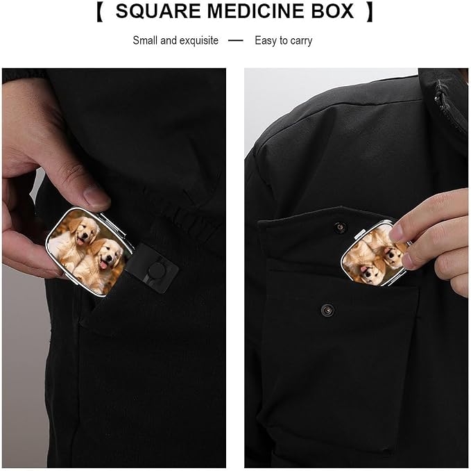 Travel Golden Retriever Dogs Puppies Pets Pill Case 2 Compartments Small Pill Organizer for Fish Oil Vitamin Supplement Portable Daily Pill Box for Pocket Purse Medicine Storage