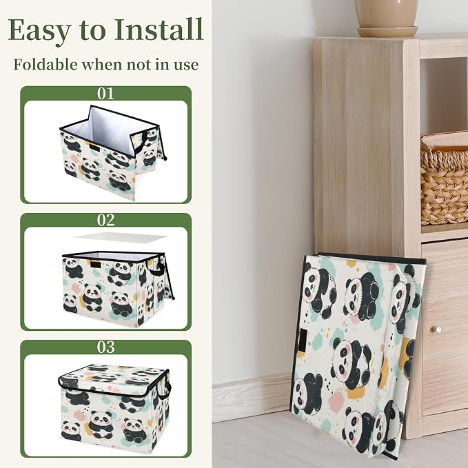 Panda Storage Bins with Lids, Cute Animal Foldable Storage Boxes with Carrying Handle Organizer Containers Baskets Cube for Home Bedroom Closet