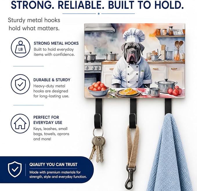 Caroline's Treasures Neapolitan Mastiff The Chef Leash or Key Holder Wall Hooks, Key Hooks Holder, Coat Rack Wall Mount, Coat Hooks, Hooks for Hanging Keys, Towels, Aprons, Leashes | Neapolitan Mastiff The Chef artwork on ceramic tile with three steel ...