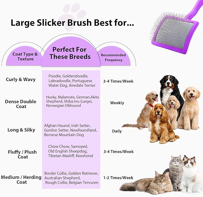 Dog Slicker Brush for Goldendoodles, Poodles & Long Haired Dogs - Long Pin Doodle Brush & Pet Comb Kit Removes Tangles Loose & Knots, Professional Grooming Tools with Wooden Handle, Purple