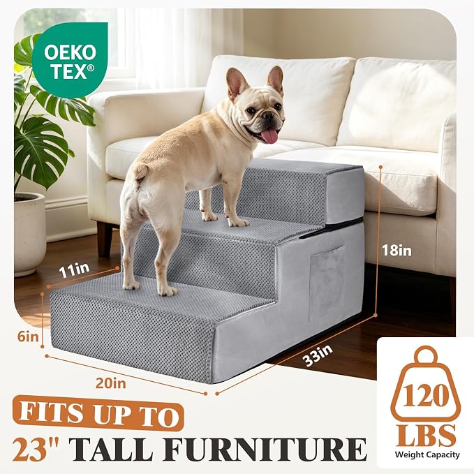 Dog Stairs for High Bed, Dual Reinforced Support Pet Steps for Large Dogs | 18" H Foam Pet Ramp with Storage Pocket, Washable Cover and Anti-Slip Bottom for Easy Climb, Senior Dogs & Cats Up to 120lbs