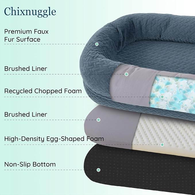 ChiXnuggle Orthopedic Human Dog Bed,with Faux Fur Washable Cover,Blanket | bluish grey,72*40*10,giant dog bed for adult or extra large dogs,egg crate foam,non-slip bottom