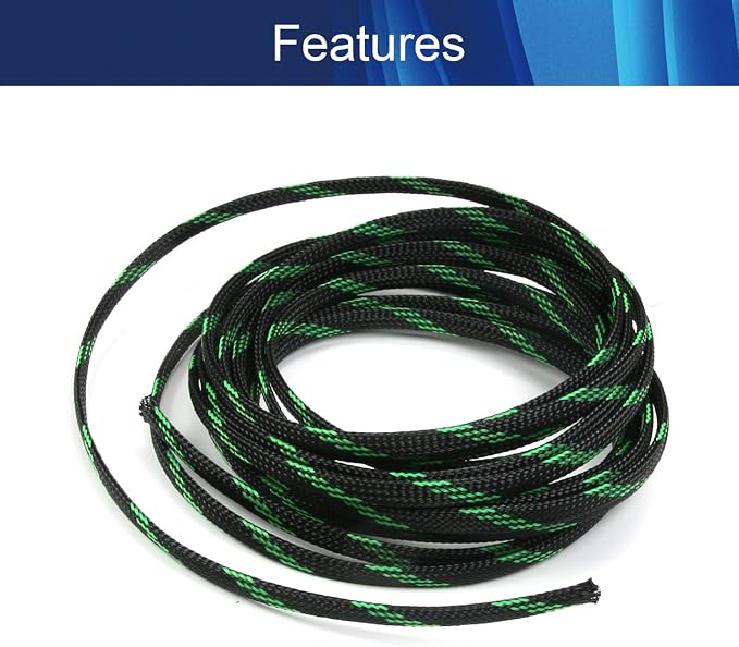 Jutagoss PET Expandable Braided Cable Sleeve, 16.4ft - 1/4 inch Black Fluorescent Green Cable Management Sleeve, Wire Loom Tube Cord Protector for USB Cable, Power Cord, Audio Video and More, 1Pc