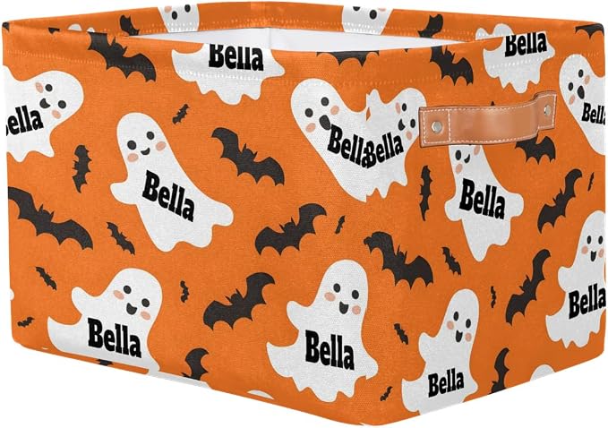 Personalized Storage Basket with Name, Halloween Ghost with Bat Orange Background Rectangle Toys Pet Dog Storage Bin with Handles for Baby, Boys, Girls, Collapsible Basket for Clothes, Books