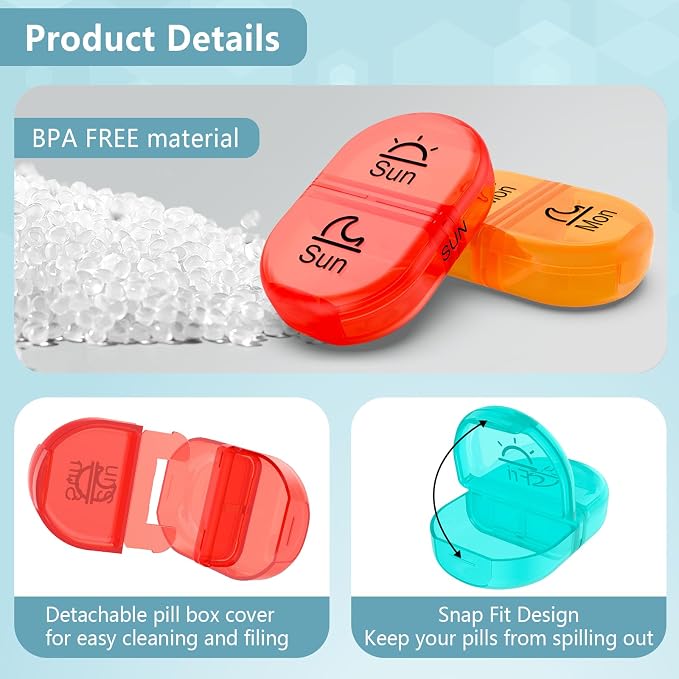 Serfeymi Weekly Pill Organizer 2 Times a Day AM PM Travel Pill Box 7 Day | Medicine Pill Organizer with Protection Pill Case Daily Medication Box for Vitamins,Supplement-Clear Case + Rainbow Pill Box