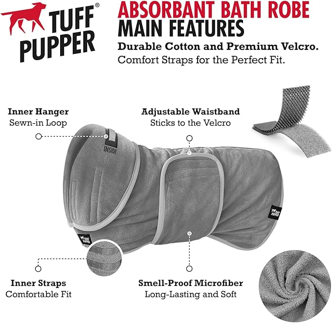 Tuff Pupper Fast Drying Dog Bath Robe | 800 GSM Plush Dog Towel Bathrobe/Dressing Gown | Super Absorbent Pet/Puppy Bathrobe | Adjustable Hood & Belly Strap | Super Soft | Fast Drying (M, Gray)