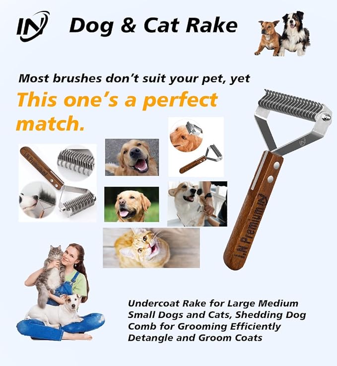 Double Sided Deshedding Large Undercoat rake Dematting Combs for Dogs & Cats, Dog Brush for Shedding for Medium to Long haired Pets (L- Single Sided-Sapele)