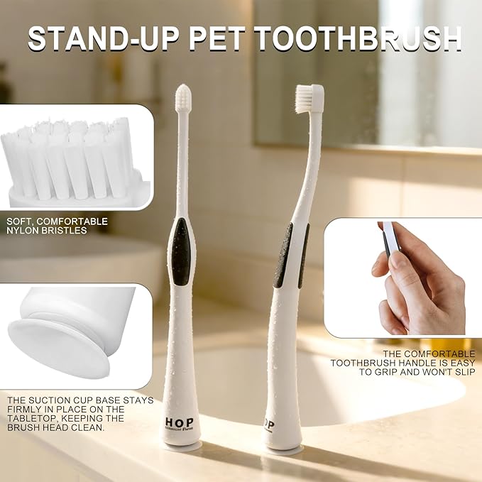 HOP Cat Toothbrush with Suction Cup Soft Nylon Bristles Micro-Head Toothbrush ABS Handle with TPR Anti-Slip Pet Dental Care Toothbrush for Small Medium Cats Dogs Kittens Puppies 6.5in/16.5cm