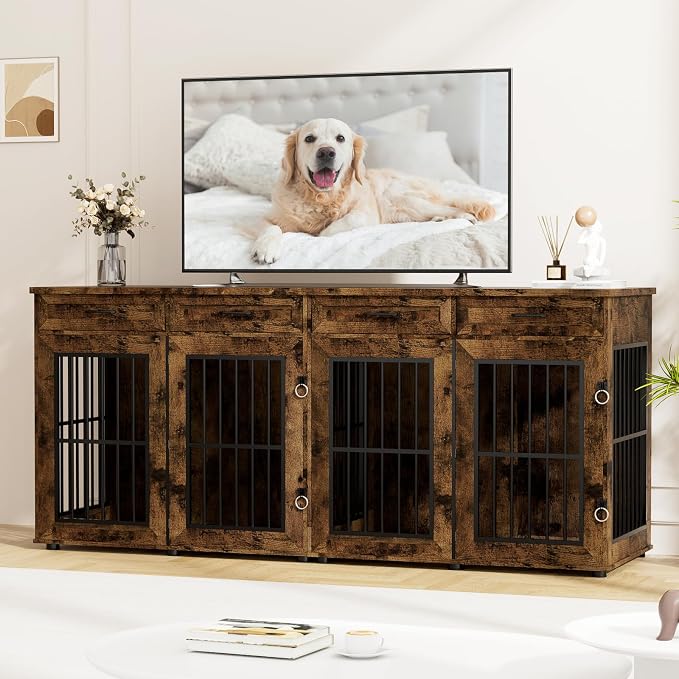 VOWNER 87" Dog Crate Furniture for 2 Dogs, Double Dog Cage Furniture, Brown | Extra Large Wooden Dog Kennel with 4 Drawer, Removable Divider, Furniture-Style TV Stand, XXL Dog Crate for Large Medium Dogs
