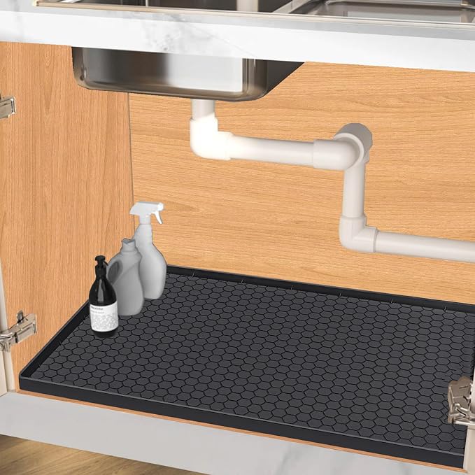 Under Sink Mat 22 x 22, Silicone Under Sink Liner for Kitchen Waterproof Bathroom Cabinet Mat, Black