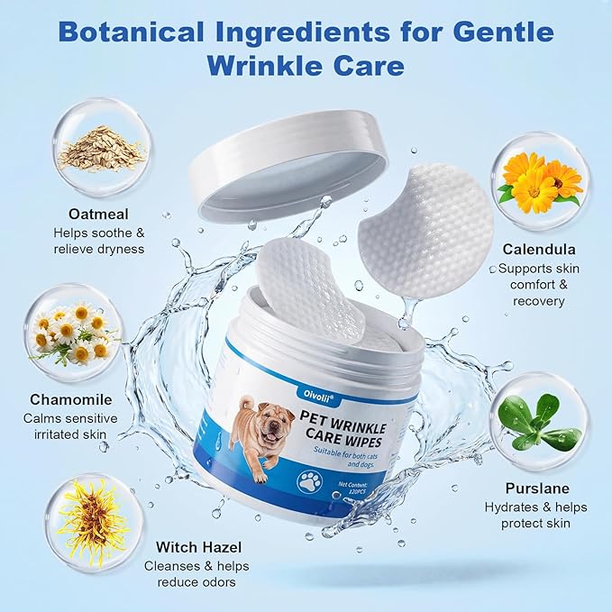 Dog Wrinkle Wipes for Bulldogs & Skin Folds – Gentle Pet Cleaning Wipes for Dogs & Cats, Remove Dirt, Odor & Build-Up from Wrinkles, Tail Pockets & Paws – Alcohol-Free Plant-Based Formula