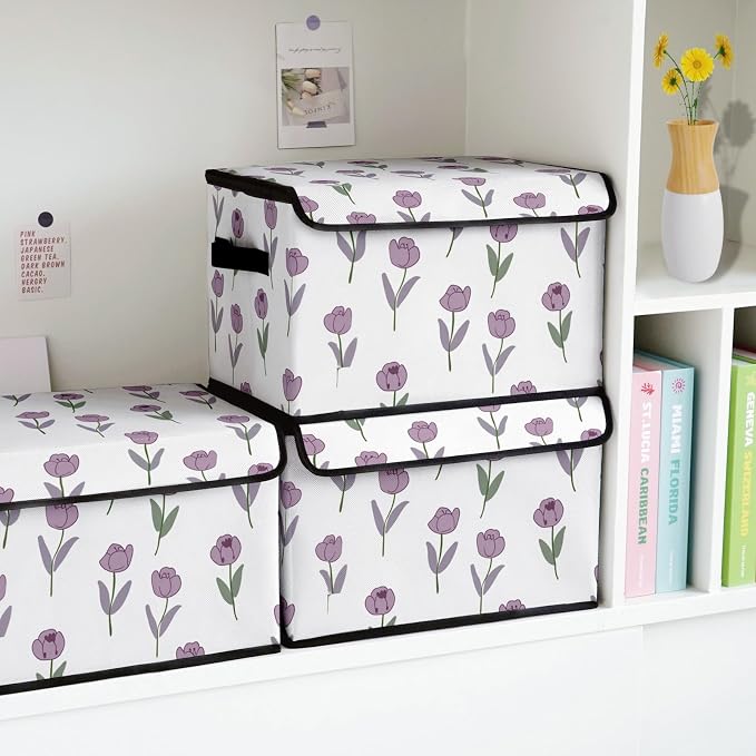 Stackable Storage Bins with Lids, 3 Pack | Closet Organizers, Fabric Box, For Blanket Clothes, Under Bed Storage Containers