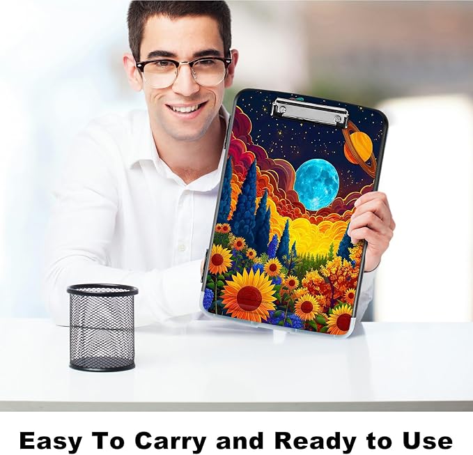 Sunflower Clouds Moon A4 Clipboard with Storage Pen Holder, Clipboards Organizer Nursing Clipboard Foldable File Folder Plastic Clipboard Folio Clip Board for Office Students Classroom