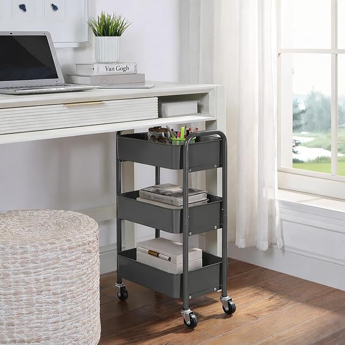 SunnyPoint 3-Tier Delicate Compact Rolling Metal Storage Organizer - Mobile Utility Cart Kitchen/Under Desk Cart with Caster Wheels (Gray, 15.35" X 10.24" X 26.8"H)