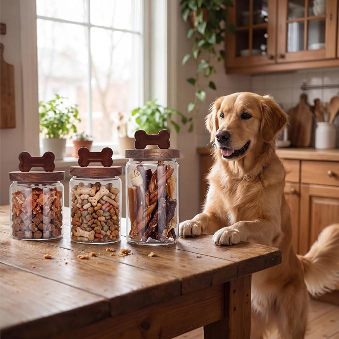 3 Pcs Glass Dog Treat Container, Dog Cookie Jar with Wood Lid | 3 Sizes, Airtight Pet Food Storage Container, for Countertop, Treats Canister, Doggie Cookie, Pets
