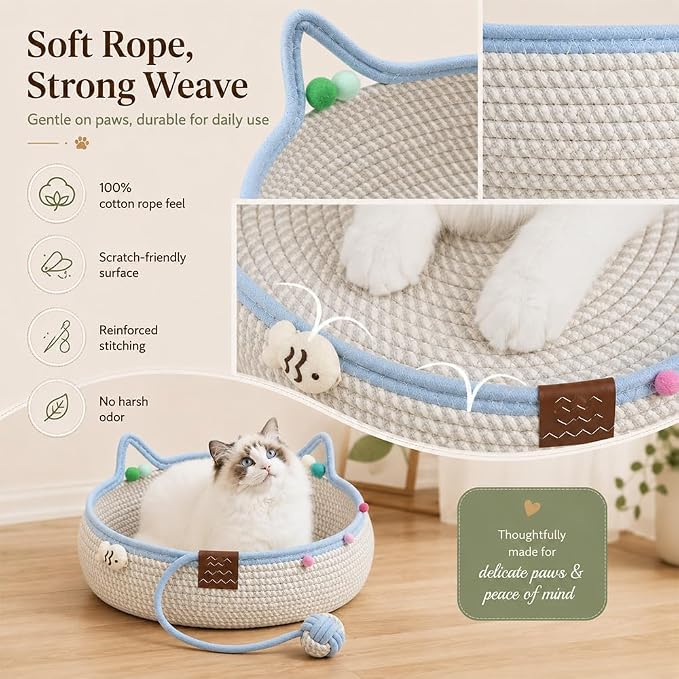 Cat Basket Bed with Cushion and Hanging Ball Toy, Handwoven Cotton Rope Cat Bed Basket, Boho Nesting Pet Bed for Kittens Puppies Scratchable Woven Cat Nest Lounger Sleeping & Playing，F：Large