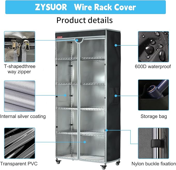 Waterproof Dustproof Shelf Cover for Wire Rack, Fits 48"Wx18"Dx72"H | Shelving Dust Cover with Zipper & Clear Front Window, For Shelves in Garage, Basement & Inventory (No Shelves)