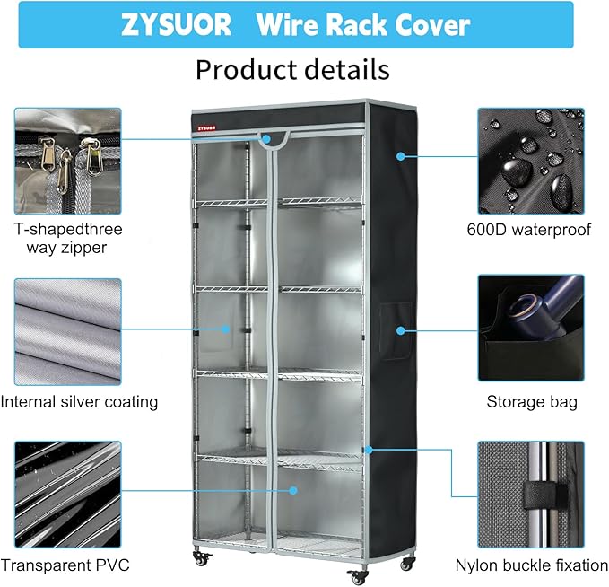 Garage Storage Shelving Cover, Fits 40"W x 18"D x 72"H Wire Rack | Waterproof Shelving Dust Cover with T-Zipper & Clear PVC Front, for Rack in Garage, Laundry or Basement (No Shelves)