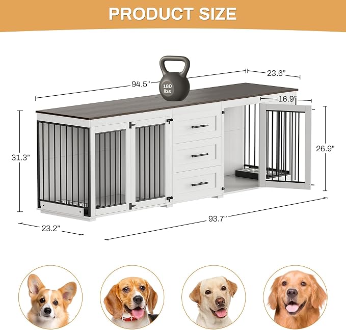 OUYESSIR 94.5" Double Dog Crate Furniture for Medium Large Dogs, White | Extra large dog kennel fits 2 Medium or large dogs, 3 Storage Drawers, 4 removable Stainless steel dog bowls, Solid Wood
