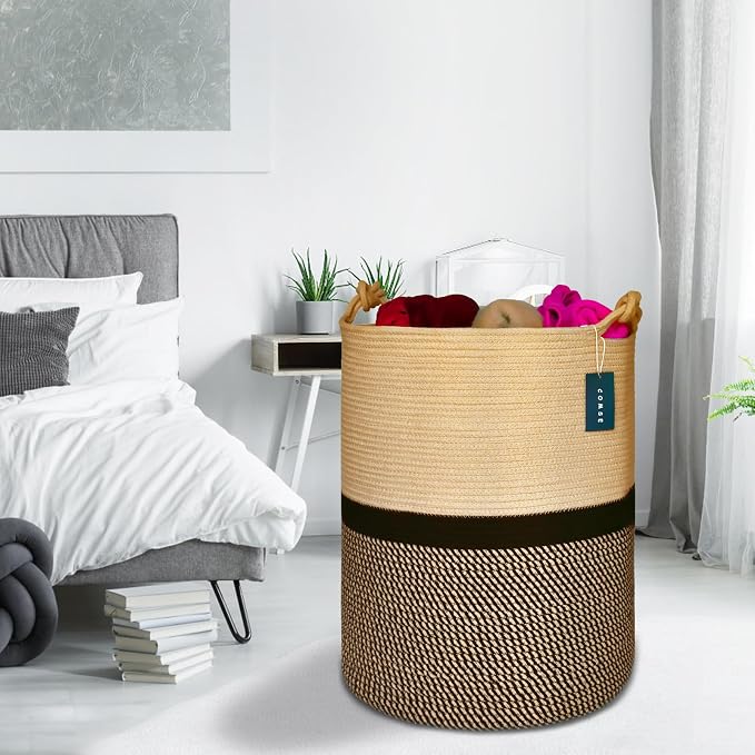 COMSE Tall Woven Blanket & Laundry Basket, 72L, Blend Brown & Black | 15.7”x 21.7”, Cotton Rope, Large Nursery Hamper for Storage of Toys Clothes Towels, Great for Living Rooms Bedrooms Bathrooms
