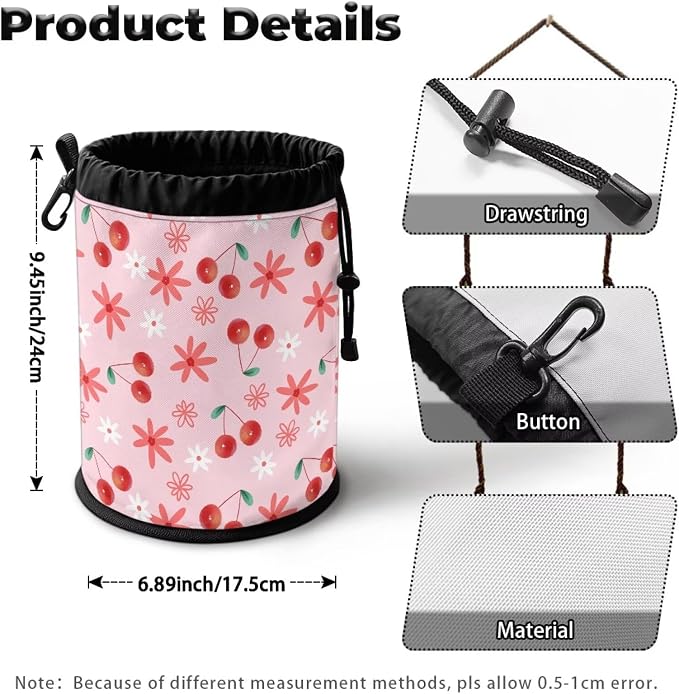 Cherry Floral Clothespin Bag Holder Outside, Multiple Hanging Methods Clothes Pin Bag with Drawstring Closure, Ventilation Clothespin Storage Organizer with Hooks