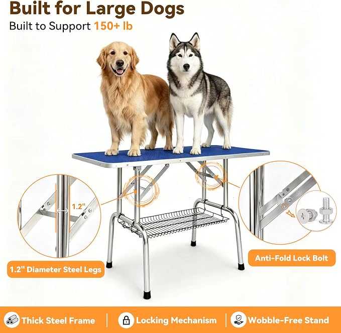 46'' Stainless Steel Dog Grooming Table, Foldable Pet Grooming Stand, Adjustable Arm, 2 Nooses & 2 Storage Baskets, Anti-Slip Top, Capacity, Medium Large Dog Cat Home Salon, Blue