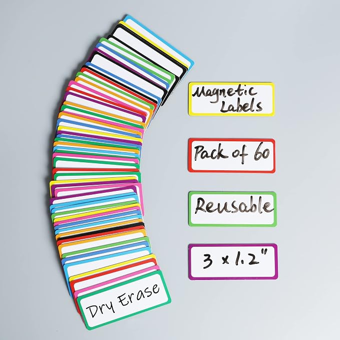 Dry Erase Magnetic Labels-60 PCS Reusable and Writable Name Magnets | 3"x1.2" color-framed labels for metal lockers and refrigerators, perfect for Home, office, school organization