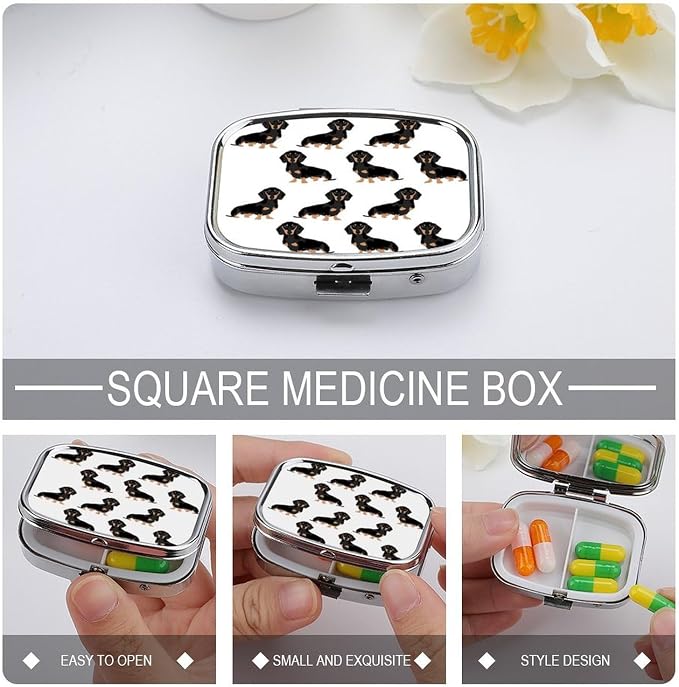 Metal Pill Organizer 2 Compartment Travel Pill Case with Mirror Waterproof & Leak-Proof Dachshund Weiner Pet Dogs Pill Boxes for Daily Meds Vitamins Supplements Fits in Purse Pocket Bag