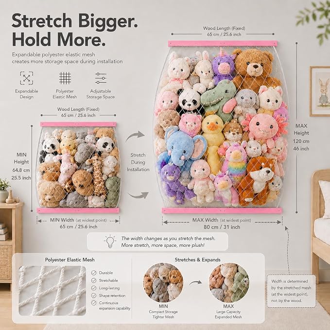 Stuffed Animal Storage Net, Elastic Stuffed Toy Holder,Door/ Wall Mount Length Adjustable Hanging Stuffy Animal Organizer, Plushie Net For Nursery Play Room-Pink Boards