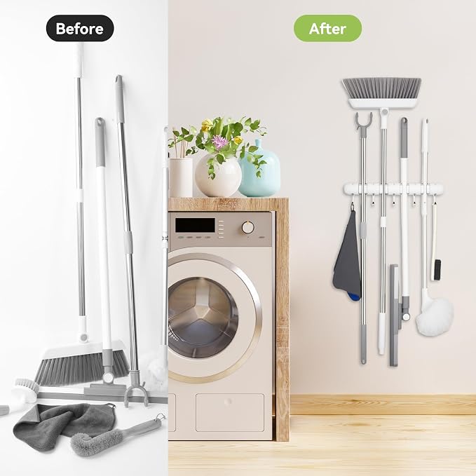 OTraki Broom Holder Wall Mount, No Drill Mop and Broom Organizer | with 4 Slots and 5 Hooks, Garden Tool Hanger for Laundry Room Closet Kitchen Garage Storage and Organization