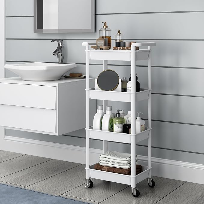 STEEHOOM 4 Tier Rolling Cart with Handle, Utility Cart with Table Top Easy Assembly Bathroom Storage Cart on Wheels for Office, Living Room, Kitchen, Craft Room, White