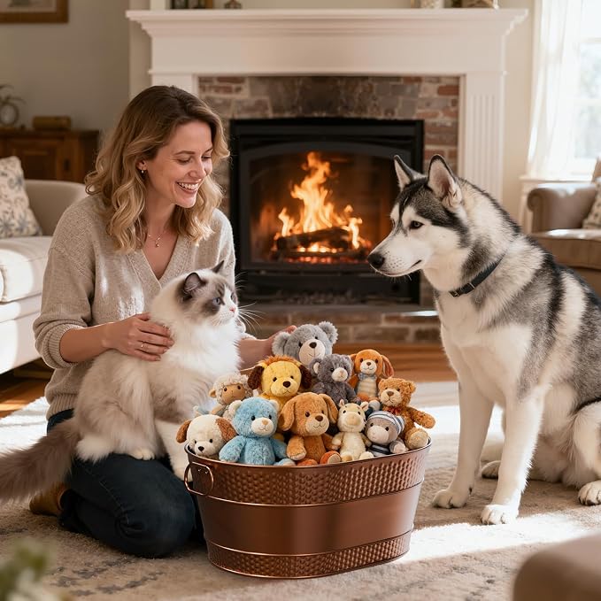 Copper Metal Dog Toy Storage Bin, 25-Quart | Sturdy Oval Design with Handles, Easy Toy Access and Carrying, Suitable for Living Rooms