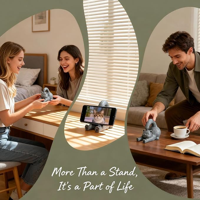 Cute Gray Feline Phone Stand for Desk, Stable Cell Phone & iPad Holder, Charming Desk Accessories for Cat Enthusiasts, Graduation for Women Teens Pet Owners