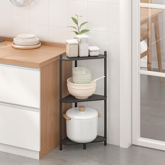Wisuce Black Small Corner Shelf Stand, 3-Tier Bamboo Corner Bookshelf | Space-Saving Narrow Corner Shelf | Bathroom Corner Shelf | Shelves for Bedroom, Living Room, Kitchen & Plant Display