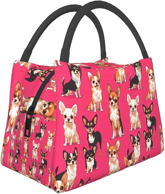 Chihuahua Insulated Lunch Box for Kids Adults Pet Lovers,Reusable Tote Bag with Playful Dog,Portable Lunchbox Handbag,Makeup Bags Organizer Gifts for Work Office Travel Picnic,11x6.3x6.7in